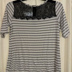Bar III Black Lace Yoke White Striped Short Sleeve Tee